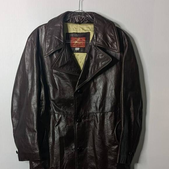 Vintage 70's Brown Leather Jacket Mid Length Trench Coat Men's 3 Button - Picture 8 of 9
